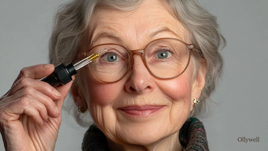 An elderly woman with a pipette containing adaptogen extract.
